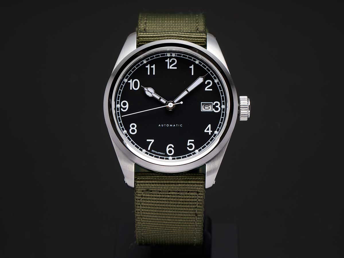 SeiyaJapan Miyota 9015 Automatic Watch - 38mm Black Dial Field Watch A type-front
