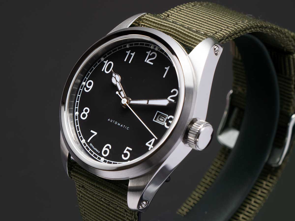 SeiyaJapan Miyota 9015 Automatic Watch - 38mm Black Dial Field Watch A type-side