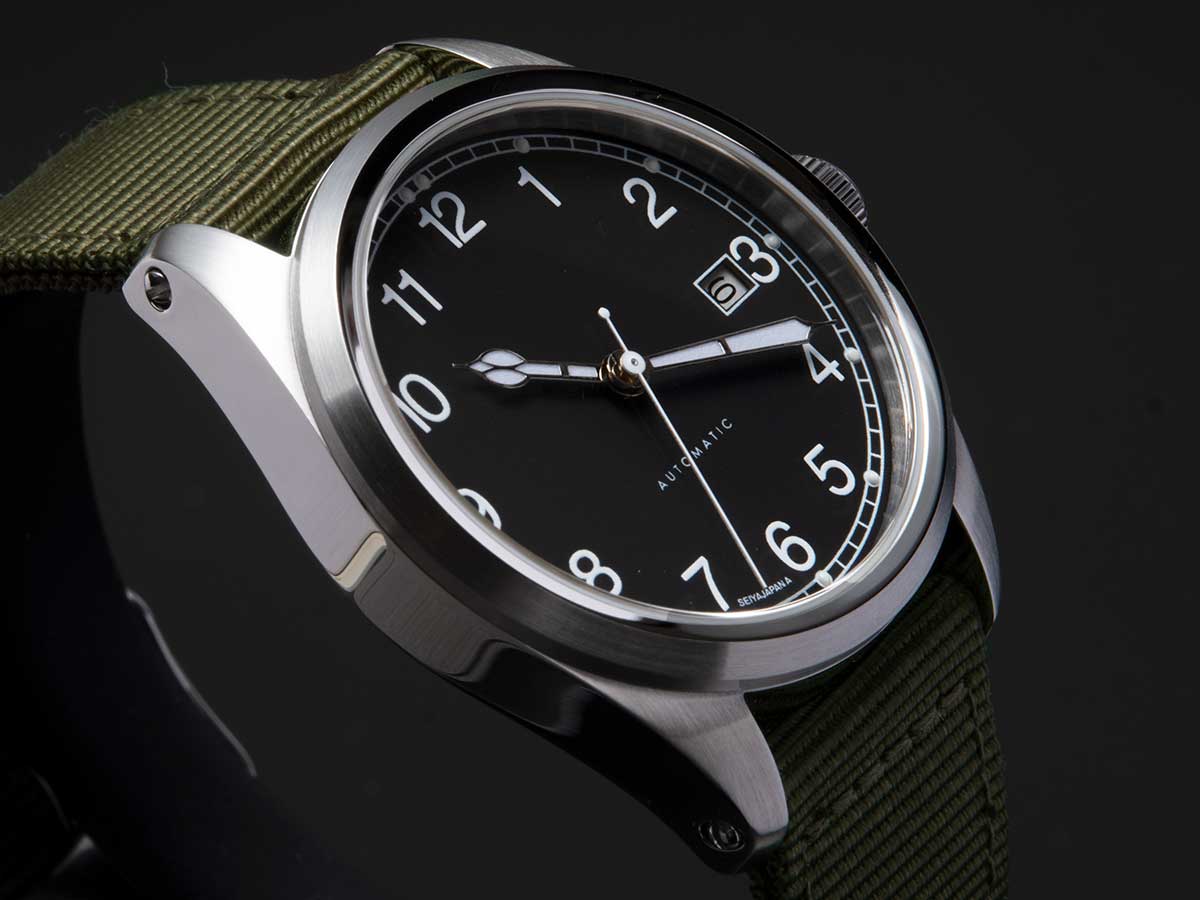 SeiyaJapan Miyota 9015 Automatic Watch - 38mm Black Dial Field Watch A type-left side